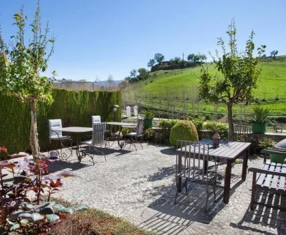 Una de las zonas comunes exteriores de este coqueto hotel romántico.