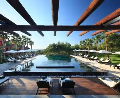 Preciosa piscina con bellos jardines de este fabuloso hotel asiático.