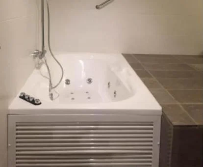 Bañera de hidromasaje privada del apartamento deluxe de este establecimiento.