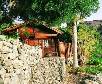 Coqueta cabaña de madera rodeada de vegetación con zona exterior.