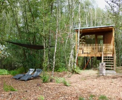 Preciosa cabaña dos Bidueiros, rodeada de árboles y con porche privado, perfecta para parejas.