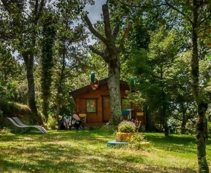 Una de las hermosas cabañas de madera de este establecimiento rural en medio del bosque.