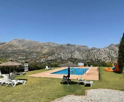 Amplia zona exterior con jardín, piscina al aire libre y solarium de este complejo de apartamentos.