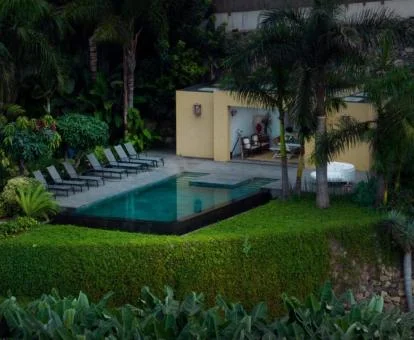 Zona exterior rodeada de jardines con piscina y solarium de este hermoso hotel boutique.