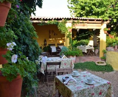 Zona exterior con jardín y mobiliario de este precioso hotel rural.