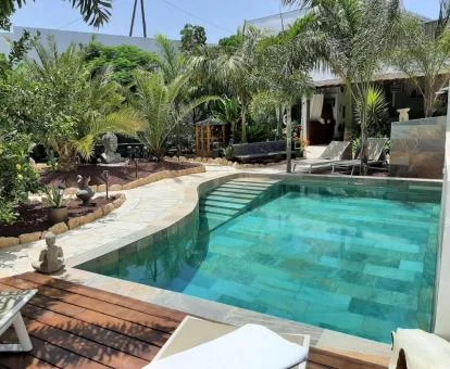 Zona exterior con piscina rodeada de vegetación del establecimiento.