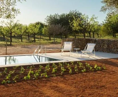 Zona exterior con piscina y mobiliario de este hotel rural en medio del campo.