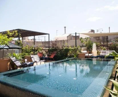 Terraza solarium con piscina y mobiliario de este acogedor hotel boutique.