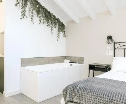 Dormitorio del estudio con bañera de hidromasaje privada junto a la cama.