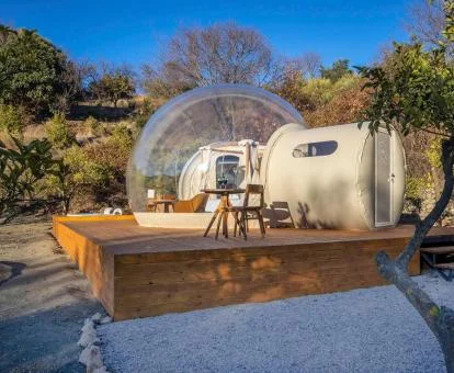Coqueta habitación burbuja con zona exterior privada en un tranquilo entorno natural.