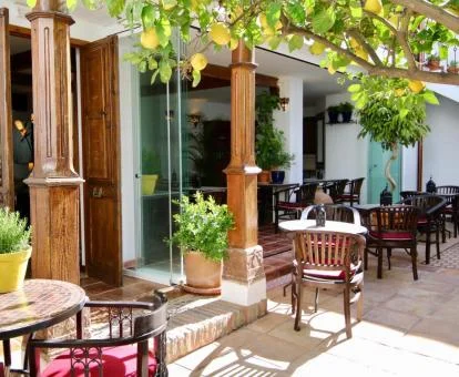 Coqueto patio con comedores exteriores de esta acogedora posada.