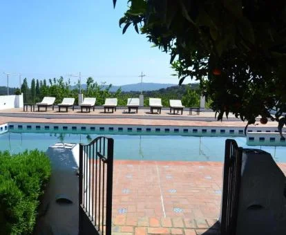 Amplia zona exterior con piscina y vistas a la naturaleza de este establecimiento rural.