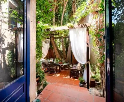 Coqueto patio amueblado con vegetación de este hotel romántico.