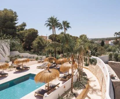 Amplia zona exterior con vegetación y piscina de este hotel.