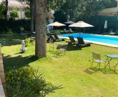Agradable zona exterior con piscina rodeada de jardines de este hotel boutique.