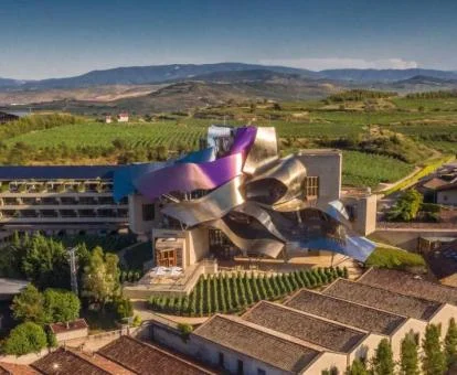 Espectacular edificio de este hotel con encanto rodeado de viñedos.