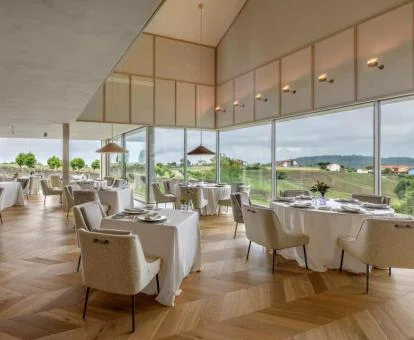 Amplio comedor con grandes ventanales y vistas a la naturaleza del hotel.