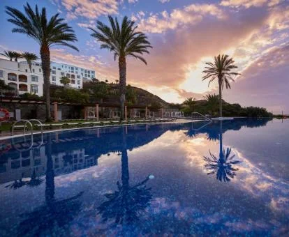 Amplia piscina exterior con palmeras de este hotel con encanto.