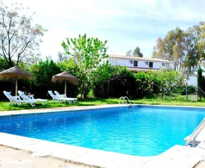 Zona exterior con piscina rodeada de vegetación de este hotel rural.