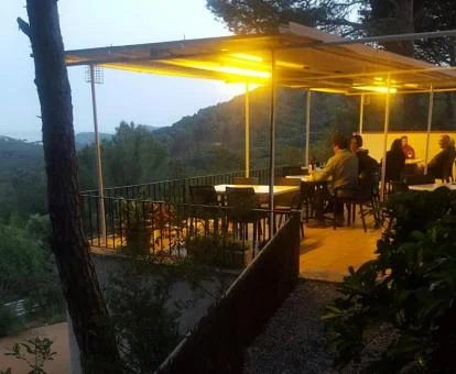 Terraza comedor del hotel con preciosas vistas. Terraza iluminada con comedor bajo techo y húespedes comiendo mientras disfrutan de vistas a la naturaleza.