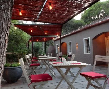 Coqueta terraza con comedor exterior del hotel. Acogedora terraza de este hotel rural con comedores bajo los árboles e iluminación.