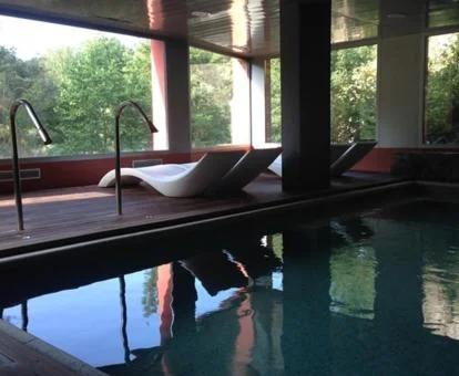 Piscina cubierta con vistas a la naturaleza del centro de spa de este hotel solo para adultos.