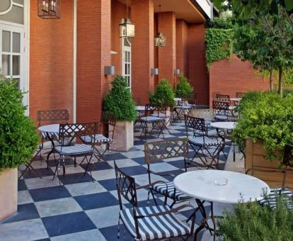 Hermoso patio con mobiliario y vegetación de este coqueto hotel.